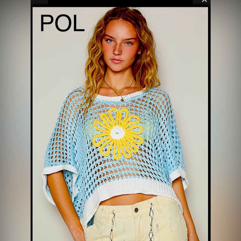 4. NWT POL Light Blue Crochet Open Knit Sweater Top with Yellow Daisy Flower